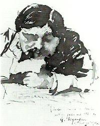 Giovanni Segantini - Ritratto caricaturale di Alberto Grubicy - 1880, inchiostro sy carta, 15,7x11,3 cm. (Collezione privata italiana)
