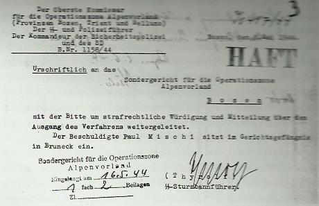 Comunicazione del comando SS di Bolzano al Tribunale speciale in merito a Paul Mischi, accusato di renitenza alla leva (Arch. di Stato, Bolzano)