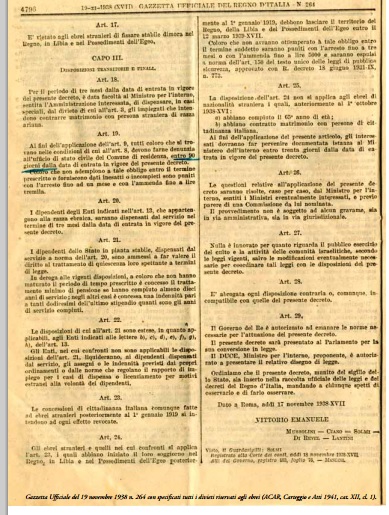 Gazzetta Ufficiale del 19 novembre 1938 n. 264 con specificati tutti i divieti riservati agli ebrei (ACAR, Carteggio e Atti 1941, cat. XII, cl. 1).