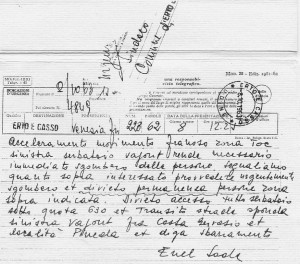 Il telegramma giunto al Sindaco di Erto, comune confinante con il bacino del Vajont, il giorno prima del disastro