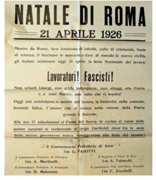 Manifesto che invita i cittadini fascisti e lavoratori a partecipare ad un corteo per celebrare la festa nazionale del lavoro in occasione del “Natale di Roma”