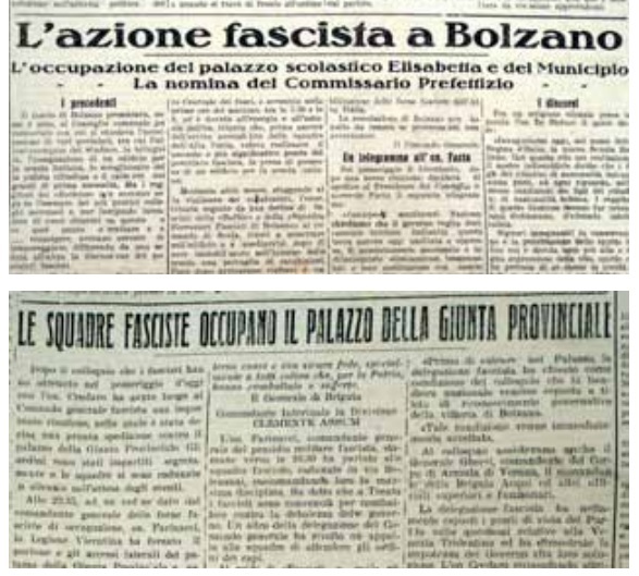 Due titoli di articoli contenuti nel giornale “La Libertà” che riferiscono di incursioni di squadre fasciste a Bolzano e Trento nei primi giorni di ottobre del 1922