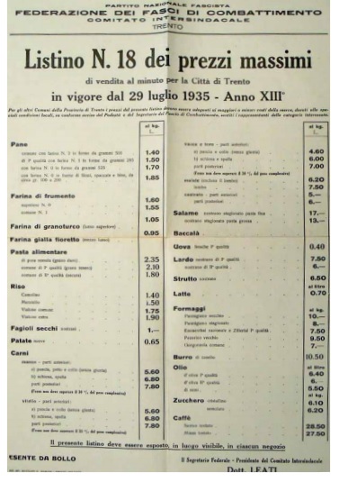 listino dei prezzi massimi in vigore dal 29 luglio 1935, stabilito dalla Federazione dei Fasci di Combattimento – Comitato Intersindacale di Trento
