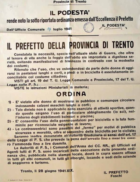 Ordinanza del prefetto di Trento che fa divieto alle donne di indossare i pantaloni (