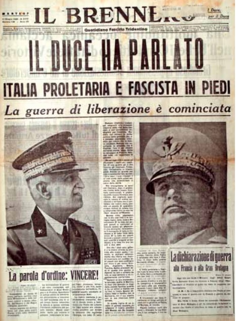 Prima pagina del giornale “Il Brennero” del giorno 11 giugno 1940; reca l’annuncio dell’entrata in guerra dell’Italia