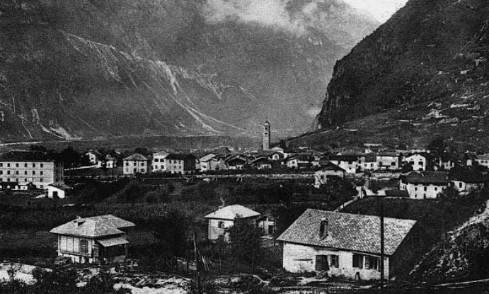 Panorama di Grigno in una fotografia degli anni Venti. Qui giungevano in ferrovia tedeschi e pattuglie del Cst per i rastrellamenti nel Tesino