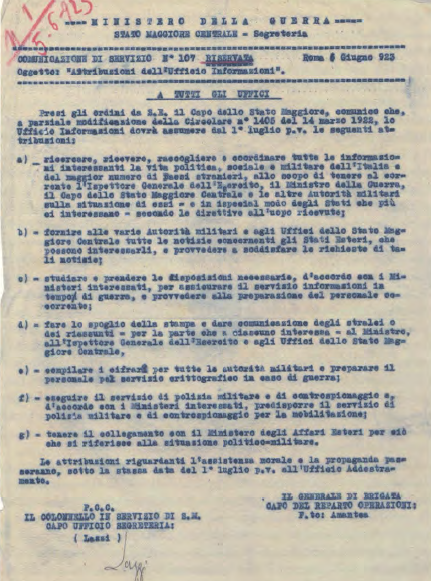 La comunicazione di servizio del generale Amantea n. 107 del 6 giugno 1923 sulle attribuzioni dell'Ufficio Informazioni